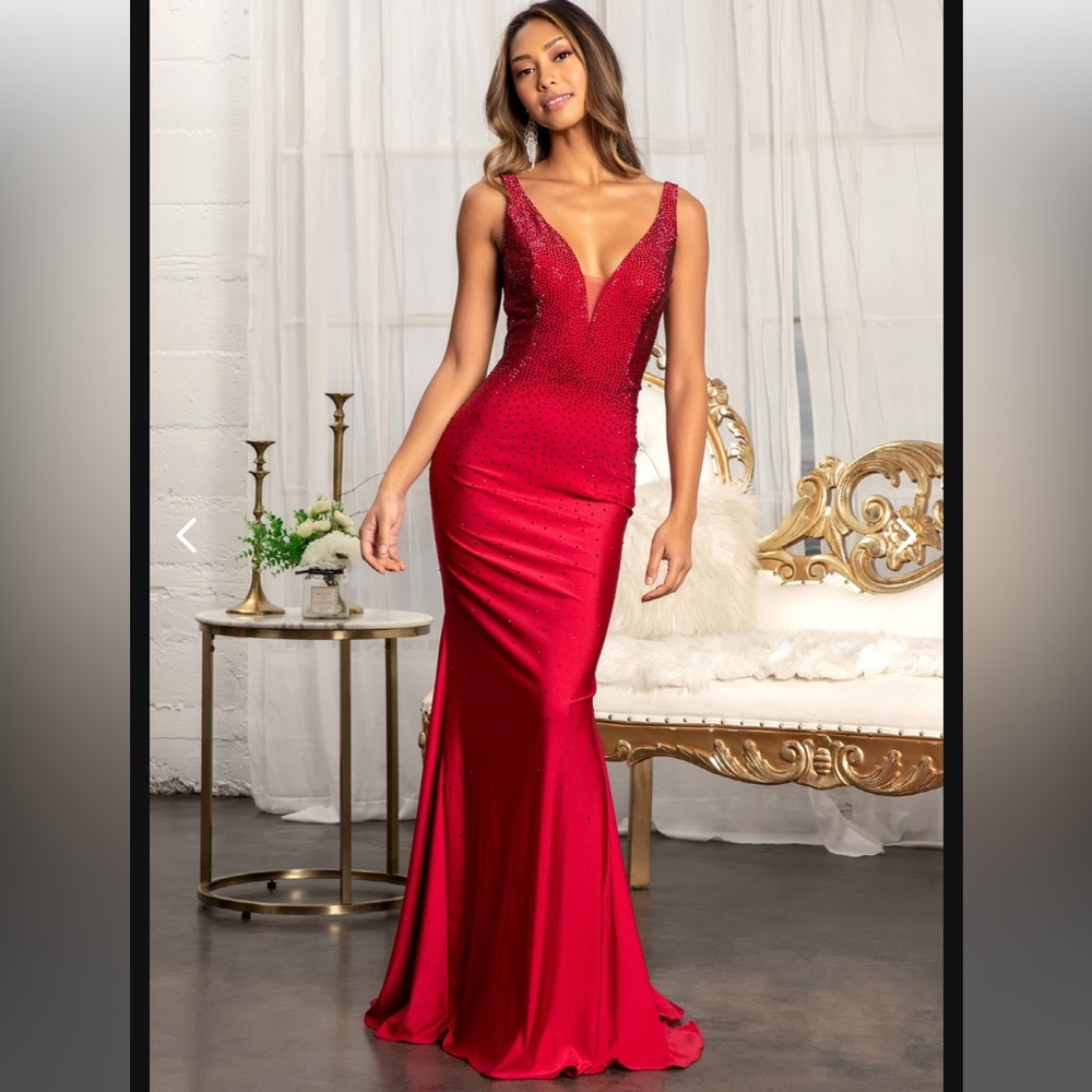 GLS Collective Red Sheath Gown with Plunge Neckline